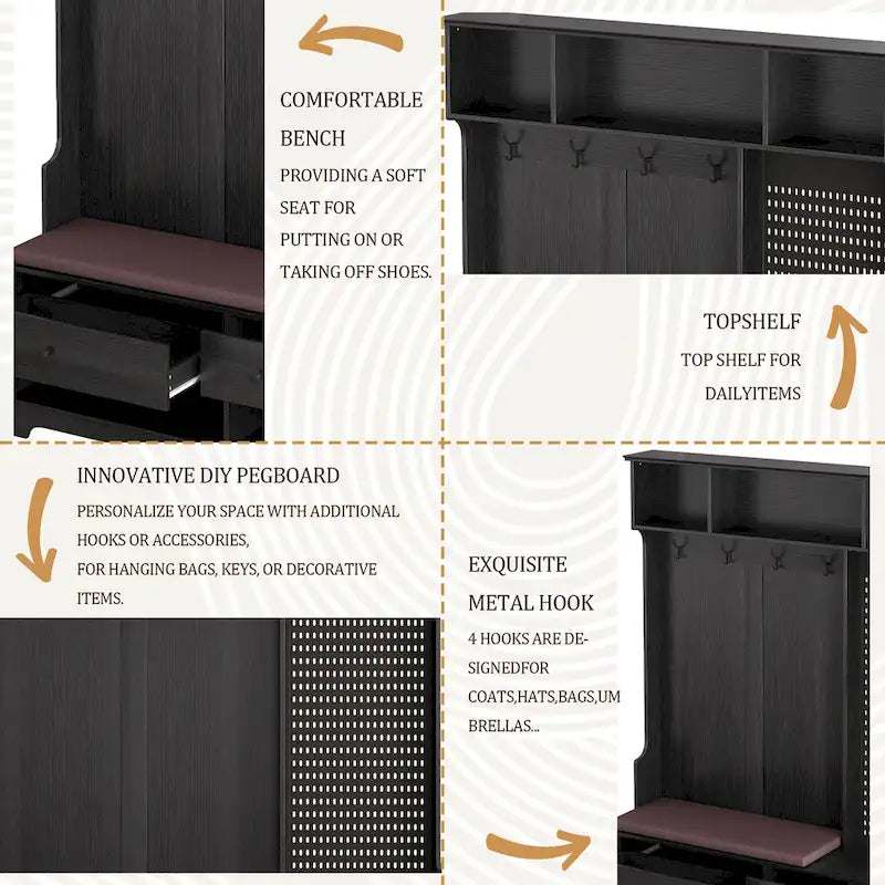 Porte-manteau d'entrée avec banc rembourré, patère, étagères de rangement et panneau perforé