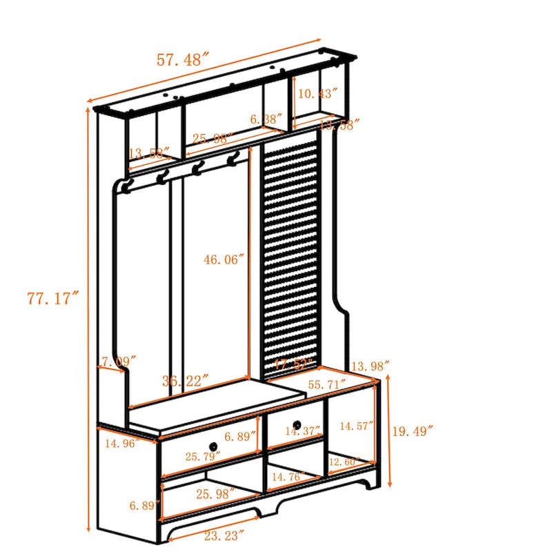 Porte-manteau d'entrée avec banc rembourré, patère, étagères de rangement et panneau perforé