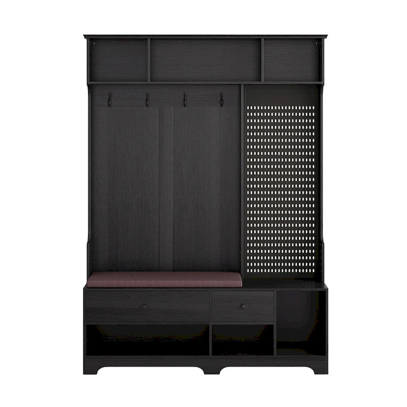 Porte-manteau d'entrée avec banc rembourré, patère, étagères de rangement et panneau perforé