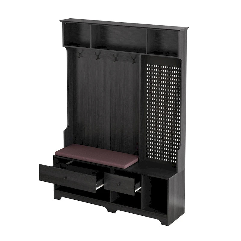 Porte-manteau d'entrée avec banc rembourré, patère, étagères de rangement et panneau perforé