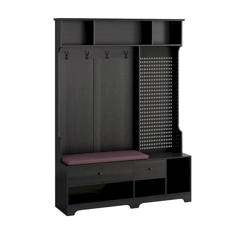 Porte-manteau d'entrée avec banc rembourré, patère, étagères de rangement et panneau perforé