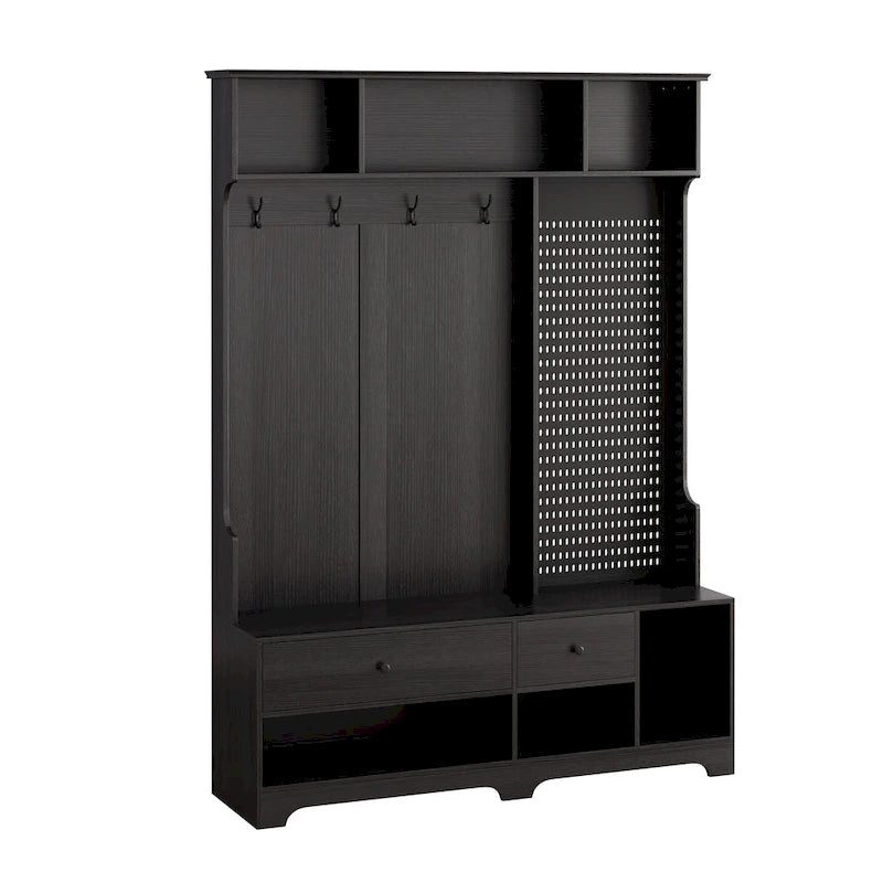 Porte-manteau d'entrée avec banc rembourré, patère, étagères de rangement et panneau perforé
