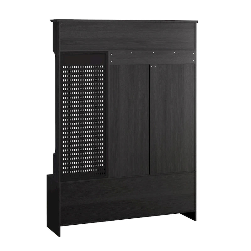 Porte-manteau d'entrée avec banc rembourré, patère, étagères de rangement et panneau perforé