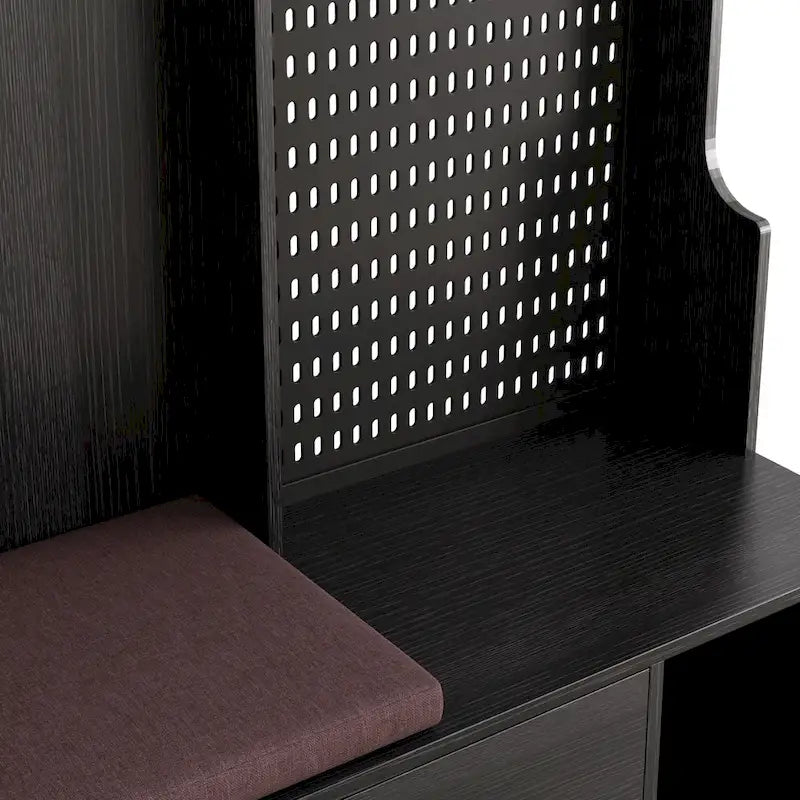 Porte-manteau d'entrée avec banc rembourré, patère, étagères de rangement et panneau perforé