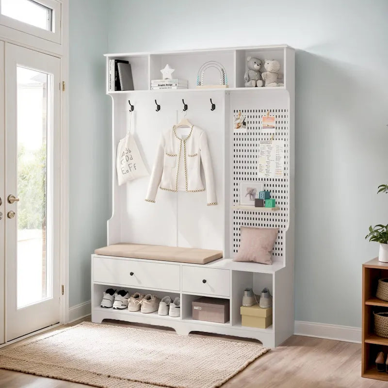Porte-manteau d'entrée avec banc rembourré, patère, étagères de rangement et panneau perforé