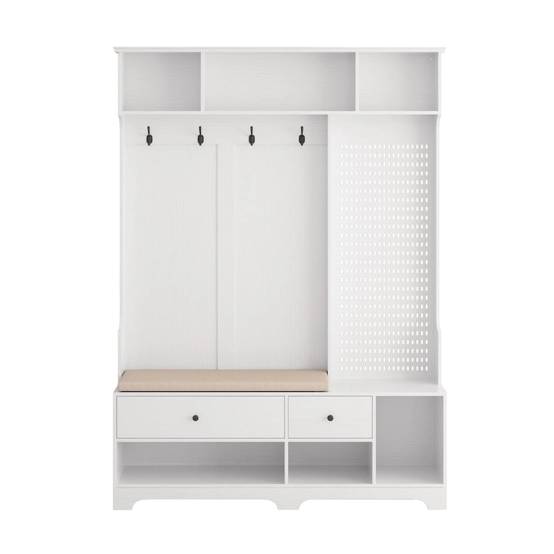 Porte-manteau d'entrée avec banc rembourré, patère, étagères de rangement et panneau perforé
