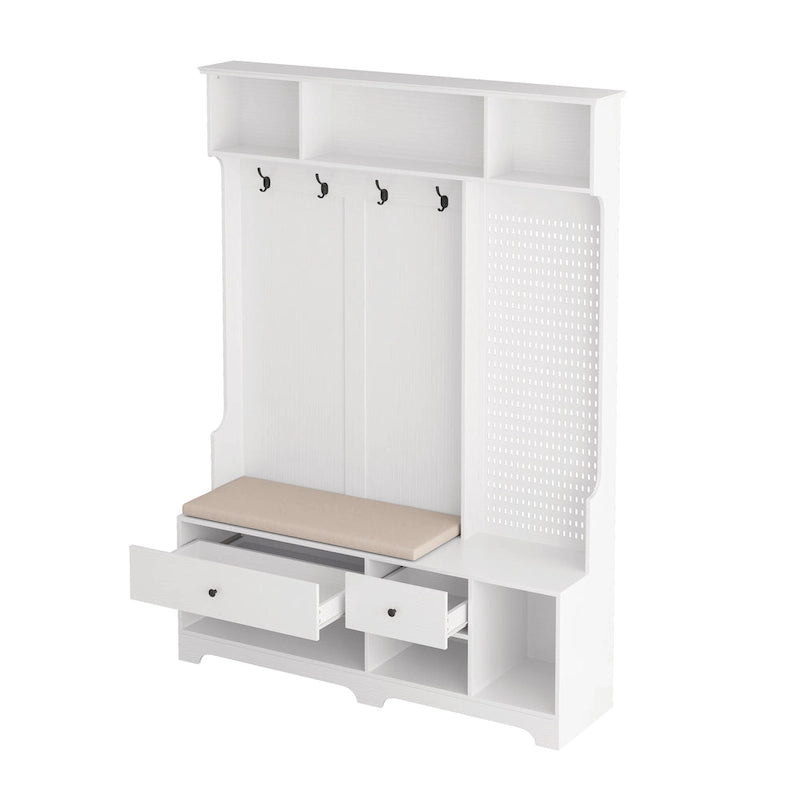 Porte-manteau d'entrée avec banc rembourré, patère, étagères de rangement et panneau perforé