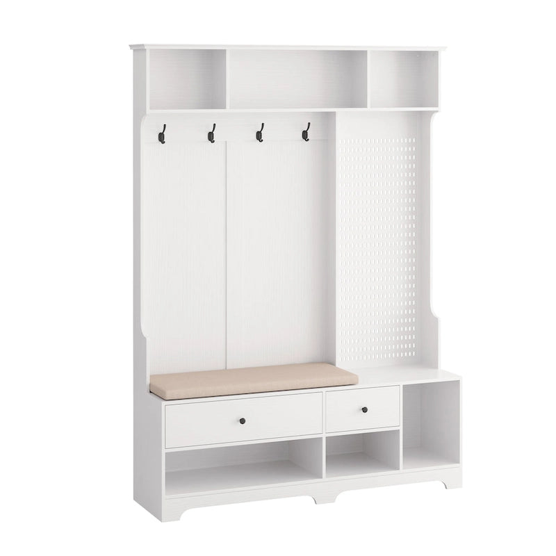 Porte-manteau d'entrée avec banc rembourré, patère, étagères de rangement et panneau perforé