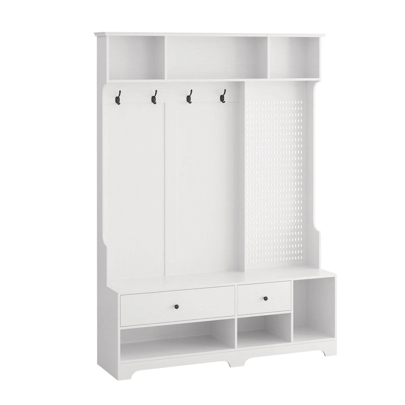 Porte-manteau d'entrée avec banc rembourré, patère, étagères de rangement et panneau perforé