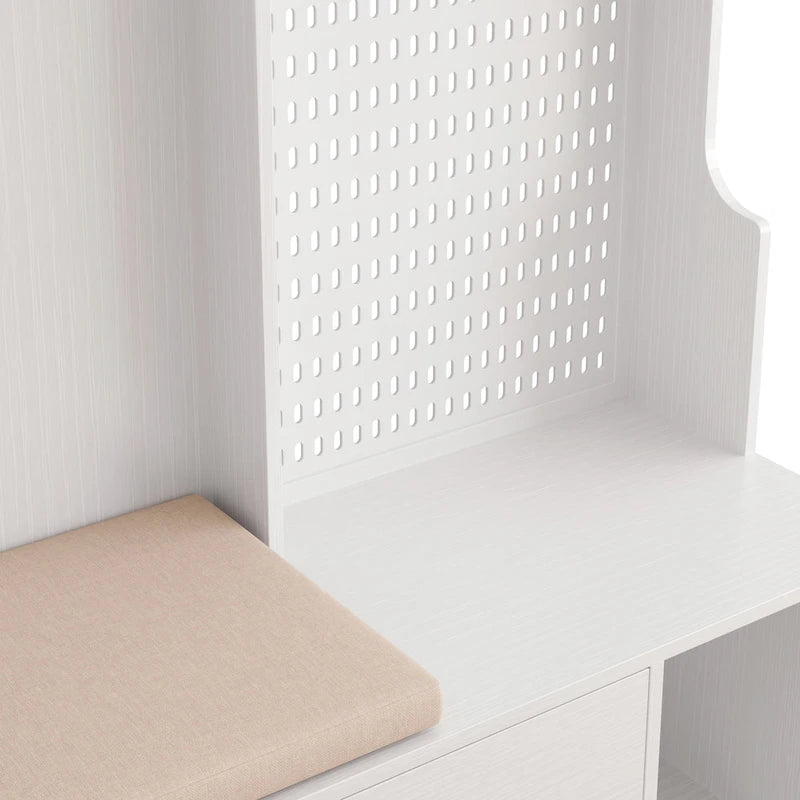 Porte-manteau d'entrée avec banc rembourré, patère, étagères de rangement et panneau perforé