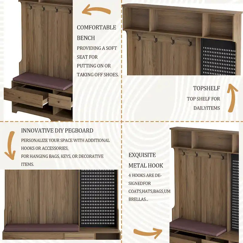 Porte-manteau d'entrée avec banc rembourré, patère, étagères de rangement et panneau perforé