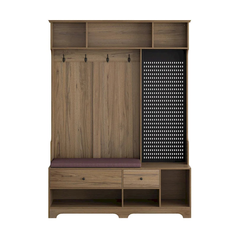 Porte-manteau d'entrée avec banc rembourré, patère, étagères de rangement et panneau perforé