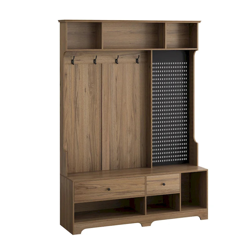 Porte-manteau d'entrée avec banc rembourré, patère, étagères de rangement et panneau perforé