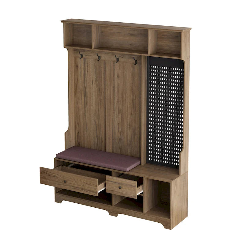Porte-manteau d'entrée avec banc rembourré, patère, étagères de rangement et panneau perforé