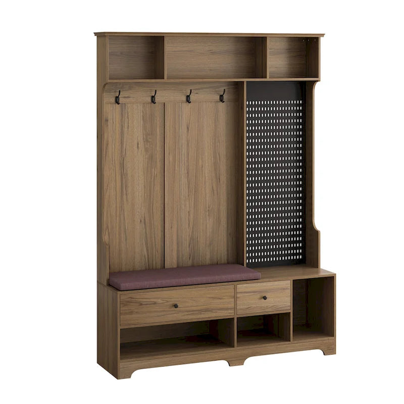 Porte-manteau d'entrée avec banc rembourré, patère, étagères de rangement et panneau perforé