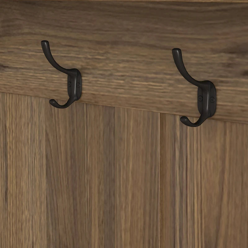 Porte-manteau d'entrée avec banc rembourré, patère, étagères de rangement et panneau perforé