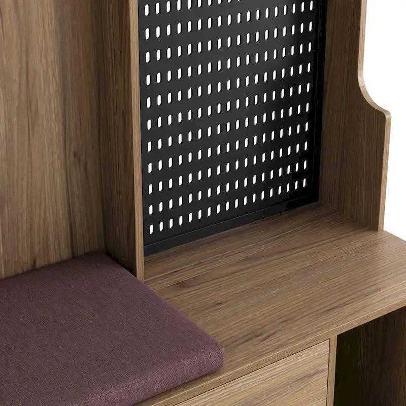 Porte-manteau d'entrée avec banc rembourré, patère, étagères de rangement et panneau perforé