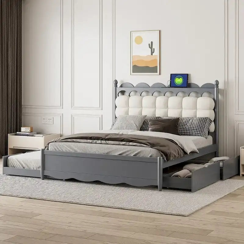 Lit plateforme de rangement en bois avec 2 grands tiroirs et lit gigogne