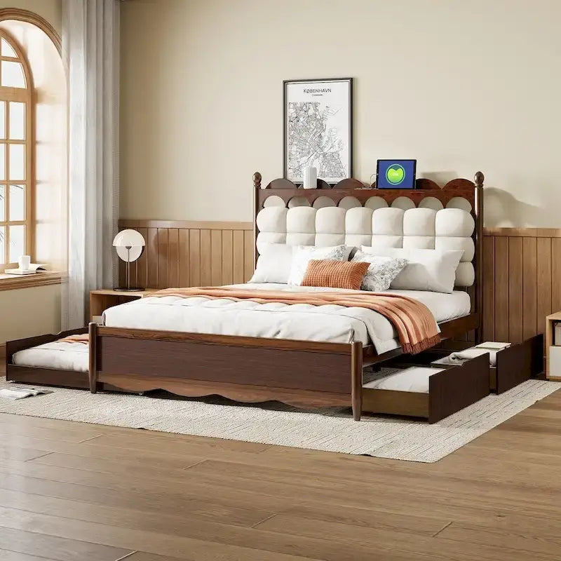 Lit plateforme de rangement en bois avec 2 grands tiroirs et lit gigogne
