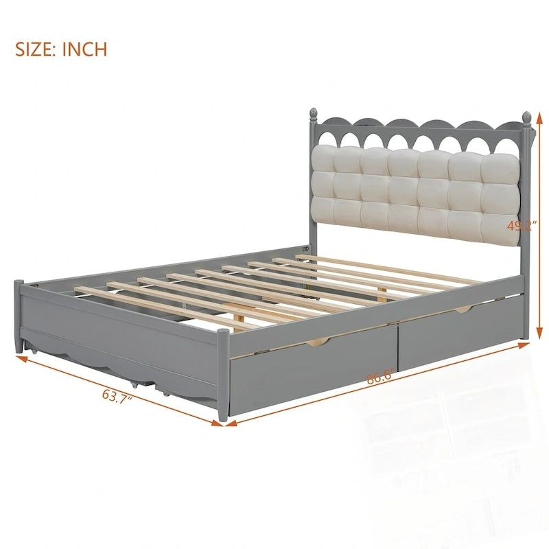 Lit plateforme de rangement en bois avec 2 grands tiroirs et lit gigogne