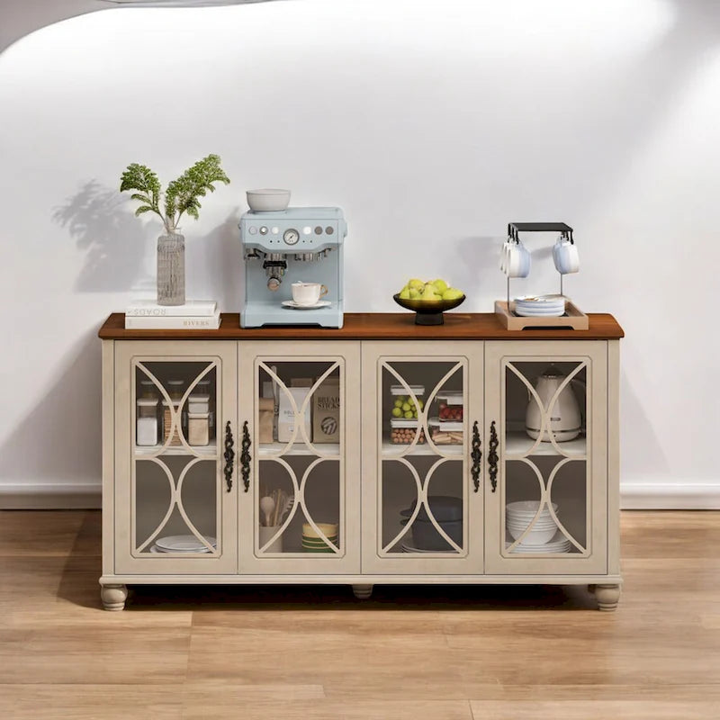 Meuble bas 4 portes avec verre trempé, étagères réglables et pieds en bois massif