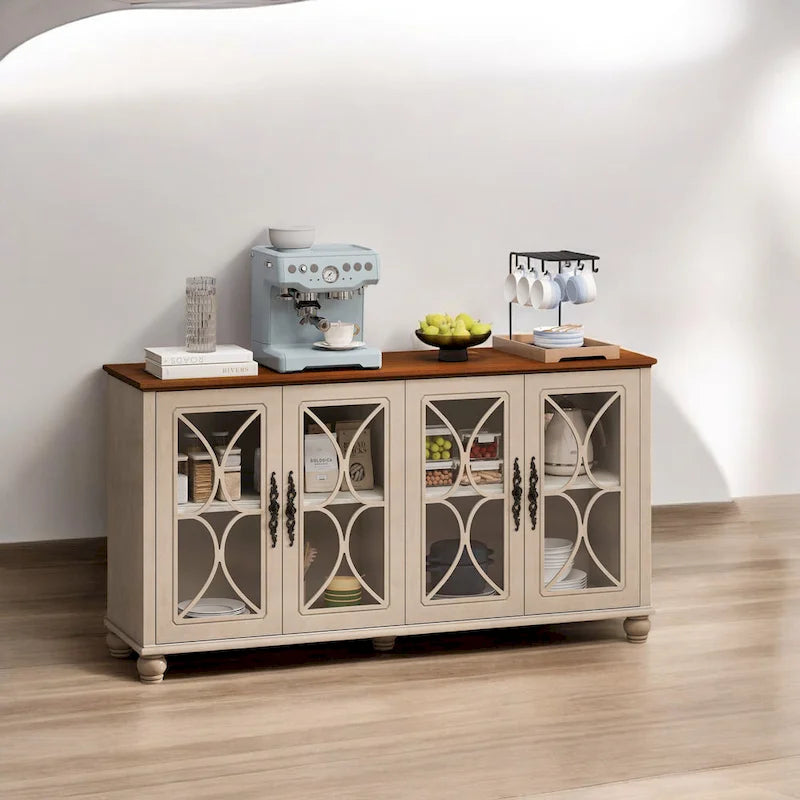 Meuble bas 4 portes avec verre trempé, étagères réglables et pieds en bois massif