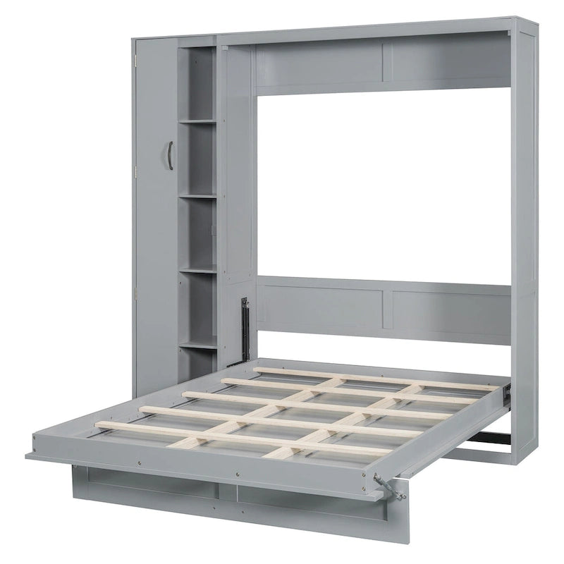 Full/Queen Size Murphy Bed Wall Bed with Small Wardrobe and LED Lights, Foldable Murphy Cabinet Bed with Storage Shelves