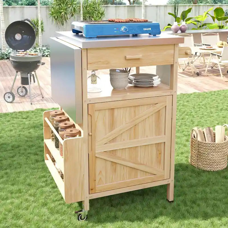 Chariot de barbecue d'extérieur de 102,8 cm avec plateau en acier inoxydable et abattant