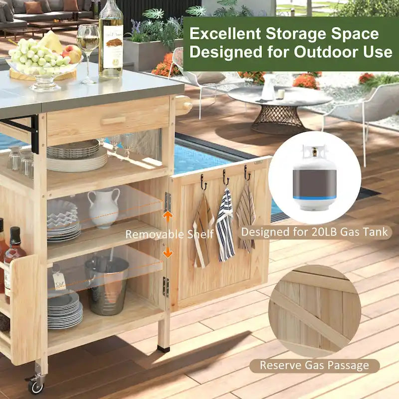 Chariot de barbecue d'extérieur de 102,8 cm avec plateau en acier inoxydable et abattant