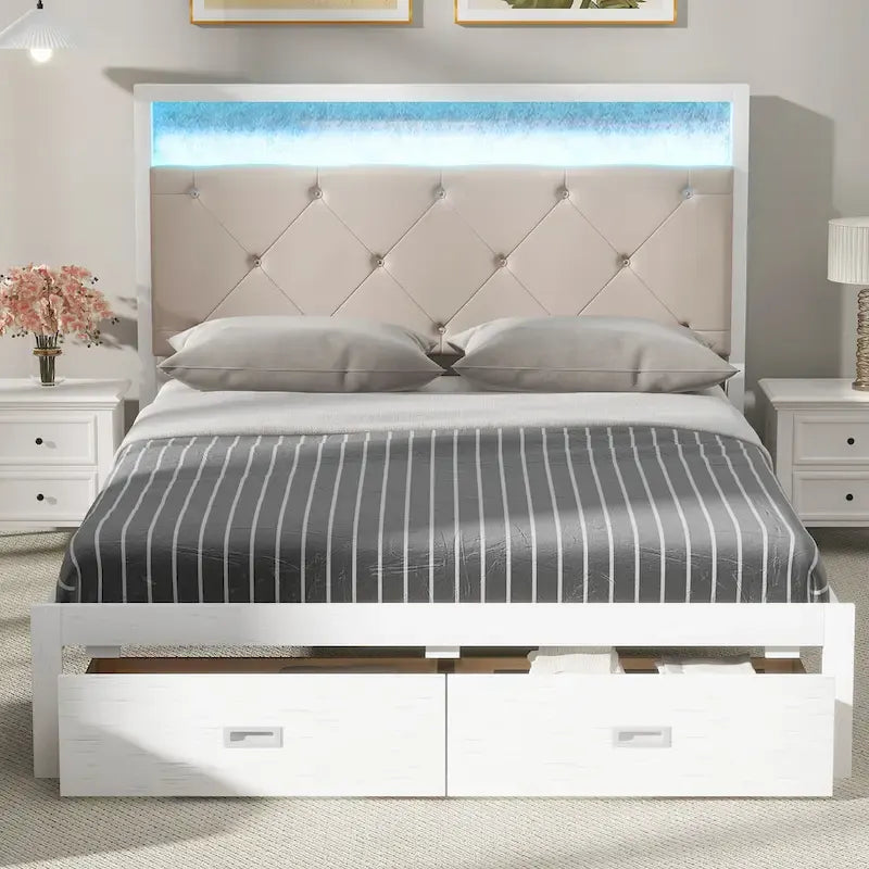 Lit plate-forme grand format avec tête de lit capitonnée, lumières LED et tiroirs de rangement