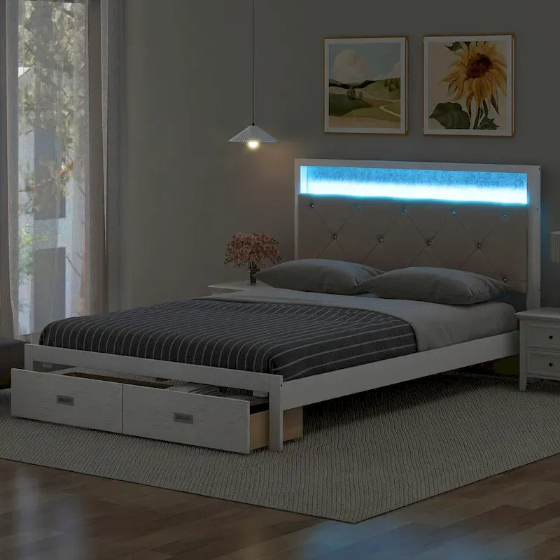 Lit plate-forme grand format avec tête de lit capitonnée, lumières LED et tiroirs de rangement