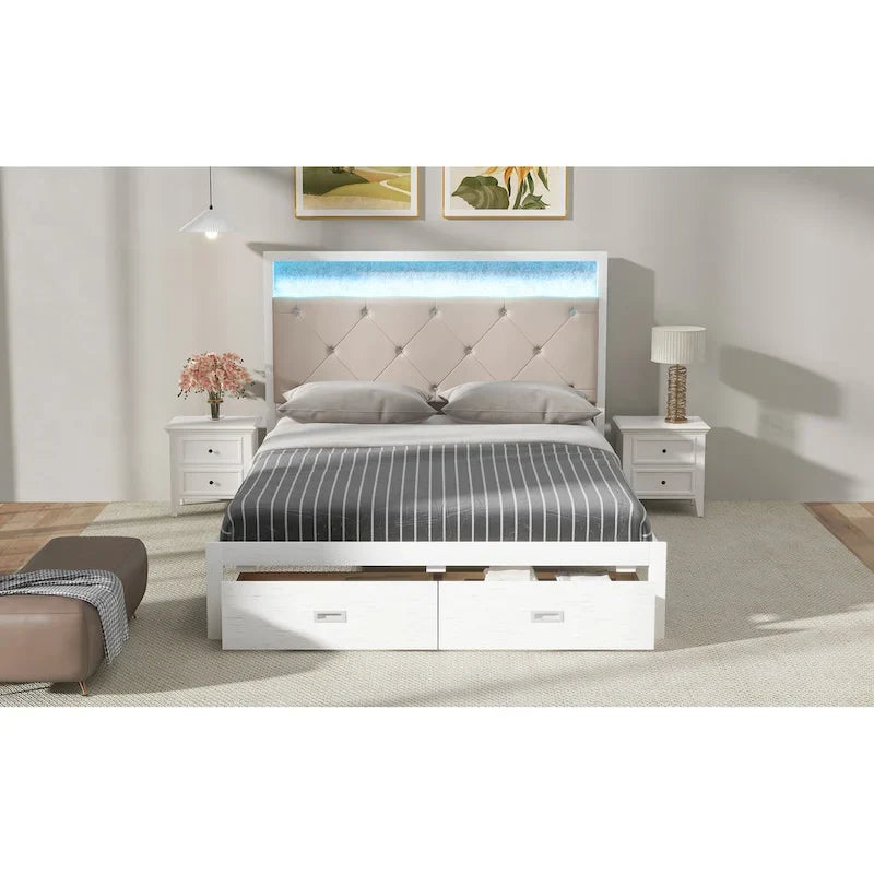 Lit plate-forme grand format avec tête de lit capitonnée, lumières LED et tiroirs de rangement