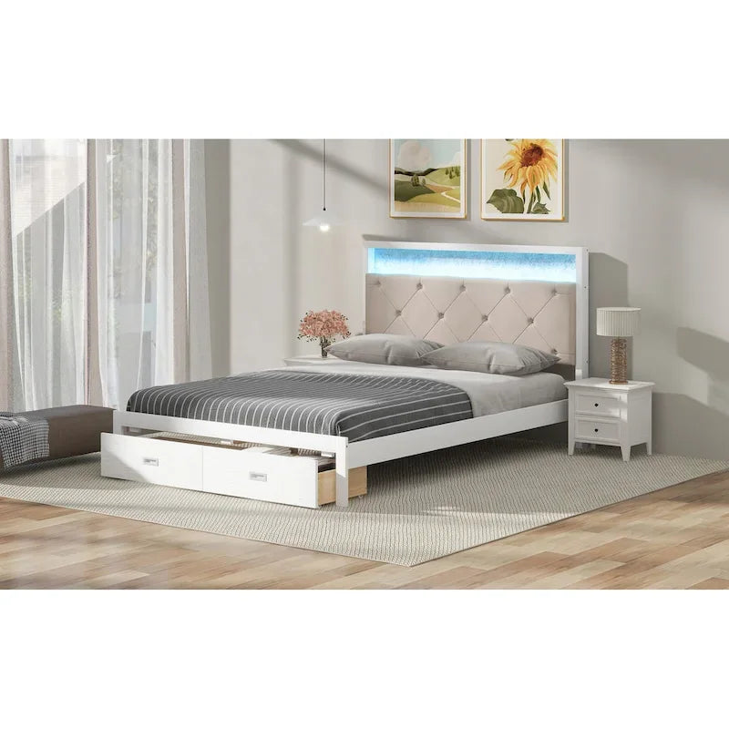 Lit plate-forme grand format avec tête de lit capitonnée, lumières LED et tiroirs de rangement
