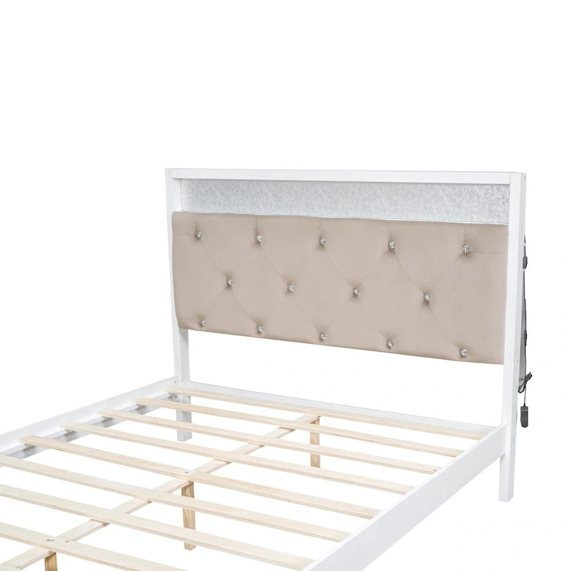 Lit plate-forme grand format avec tête de lit capitonnée, lumières LED et tiroirs de rangement