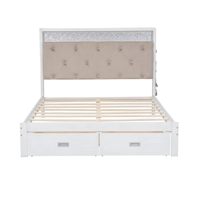 Lit plate-forme grand format avec tête de lit capitonnée, lumières LED et tiroirs de rangement