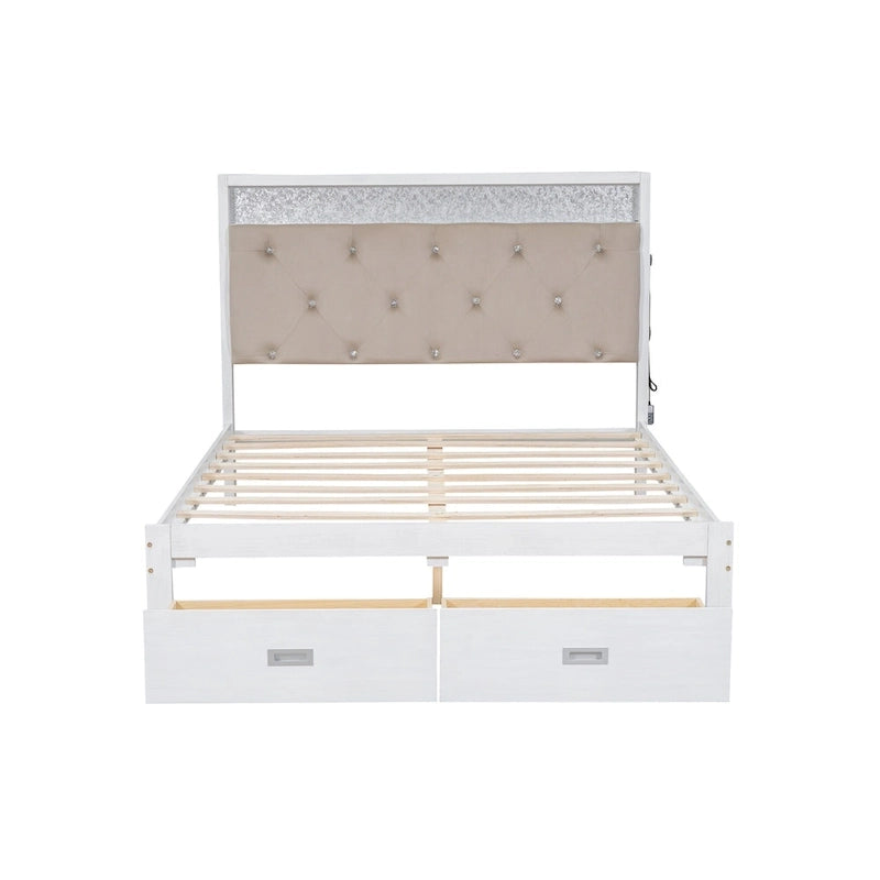 Lit plate-forme grand format avec tête de lit capitonnée, lumières LED et tiroirs de rangement