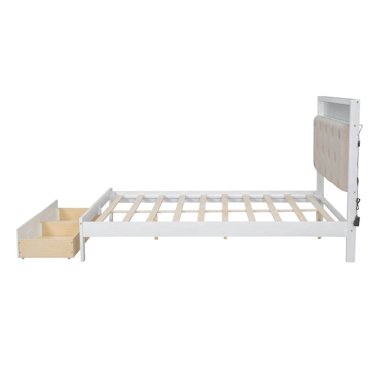 Lit plate-forme grand format avec tête de lit capitonnée, lumières LED et tiroirs de rangement