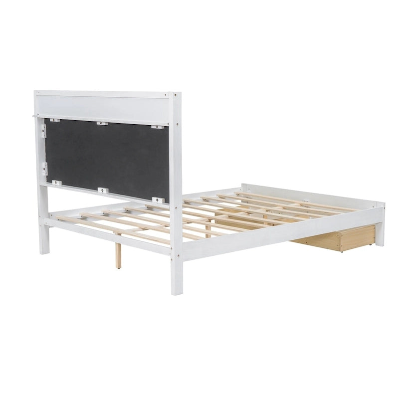 Lit plate-forme grand format avec tête de lit capitonnée, lumières LED et tiroirs de rangement