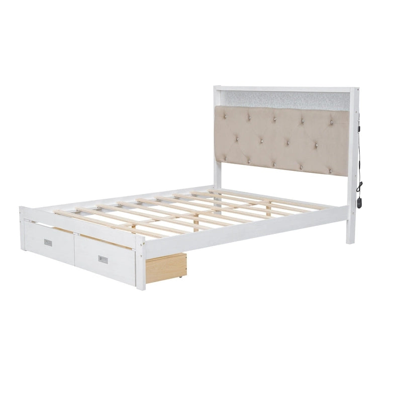 Lit plate-forme grand format avec tête de lit capitonnée, lumières LED et tiroirs de rangement