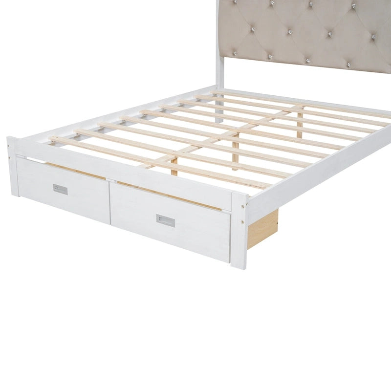 Lit plate-forme grand format avec tête de lit capitonnée, lumières LED et tiroirs de rangement
