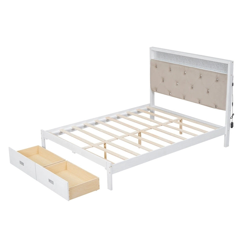 Lit plate-forme grand format avec tête de lit capitonnée, lumières LED et tiroirs de rangement