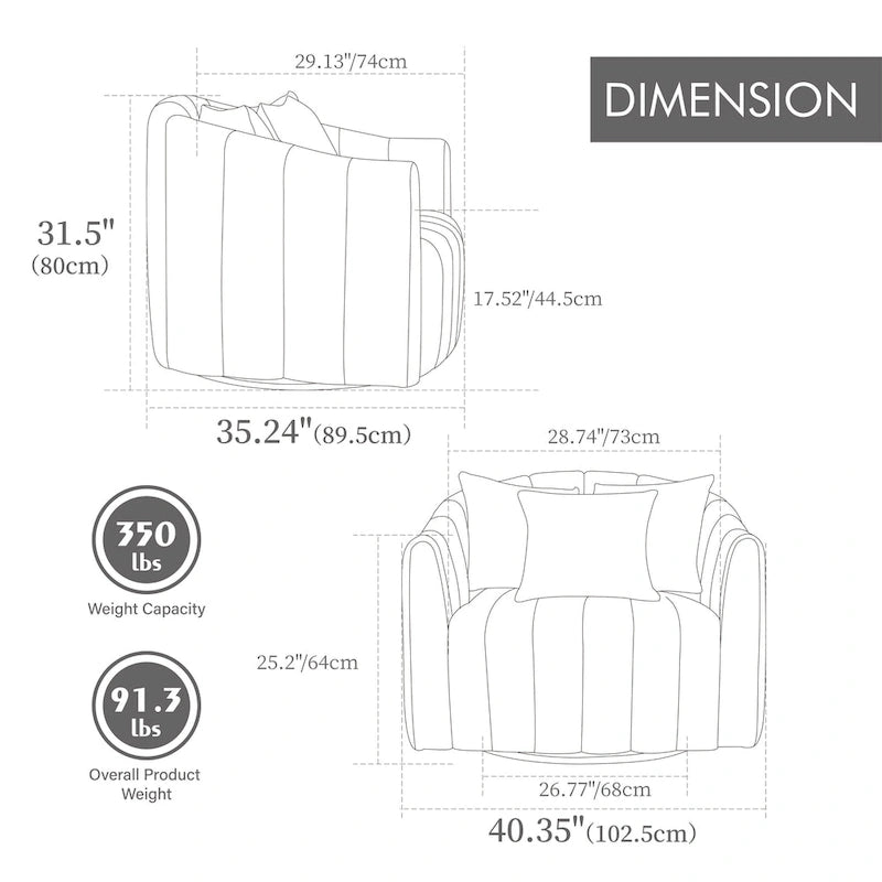 Fauteuil d'appoint pivotant à 360° surdimensionné, fauteuil en velours capitonné