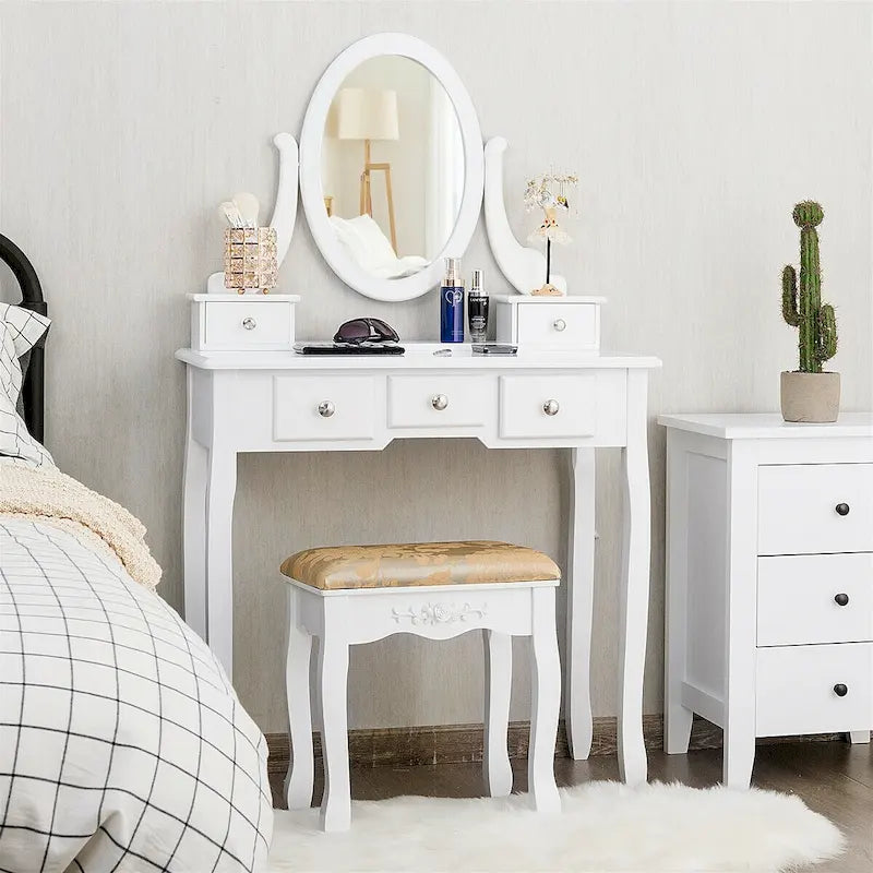 Coiffeuse avec miroir ovale et tabouret rembourré