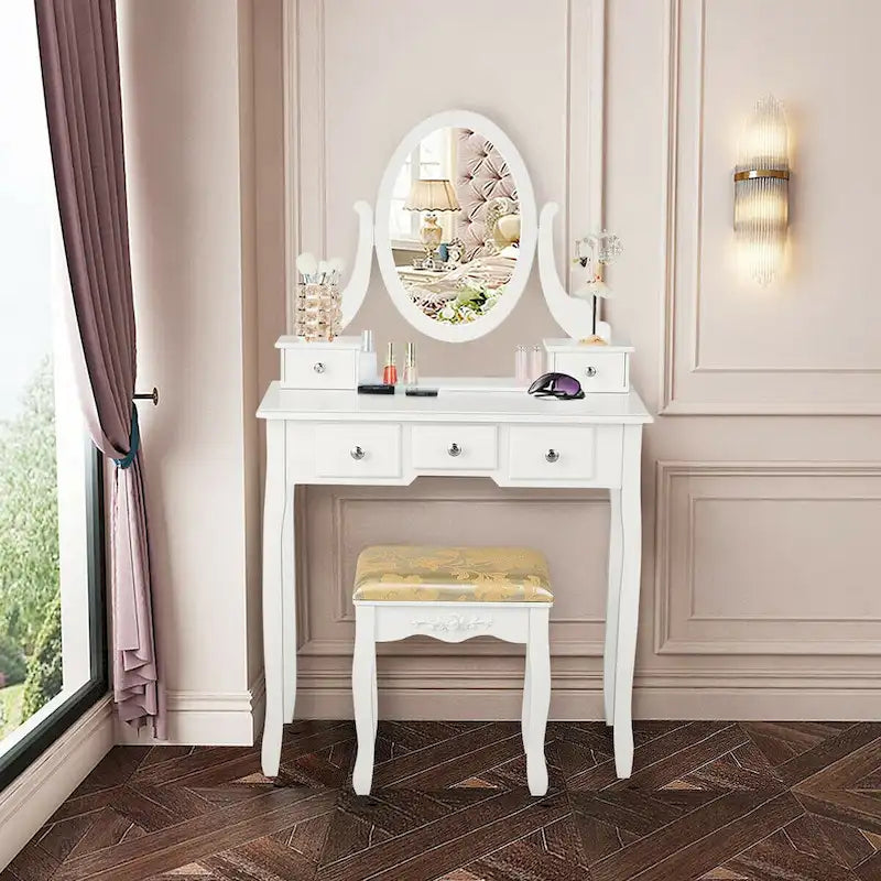 Coiffeuse avec miroir ovale et tabouret rembourré