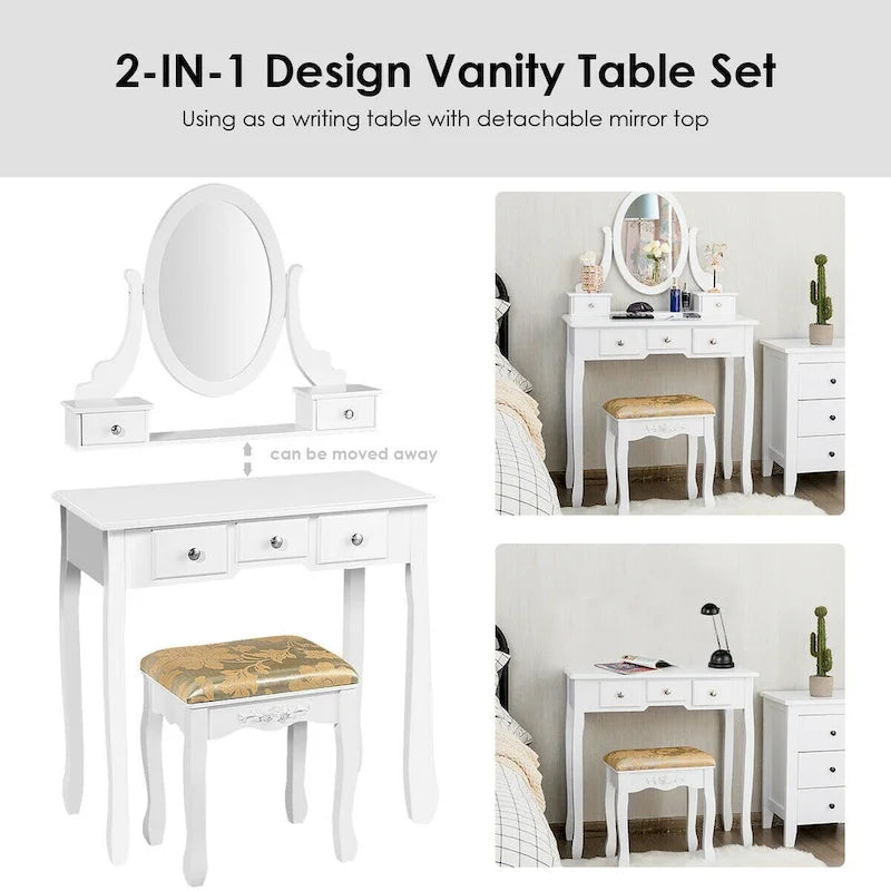 Coiffeuse avec miroir ovale et tabouret rembourré