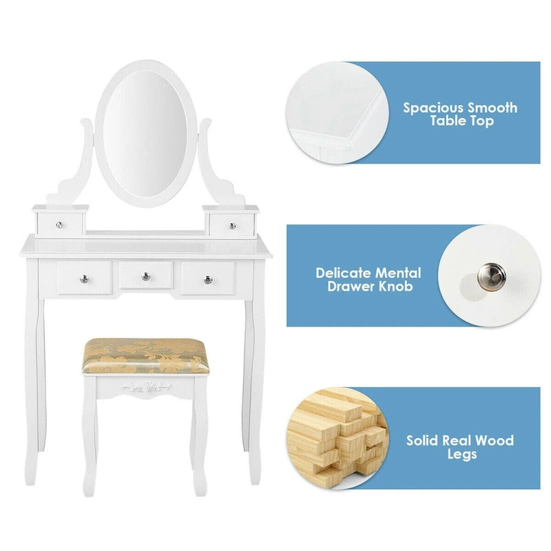 Coiffeuse avec miroir ovale et tabouret rembourré
