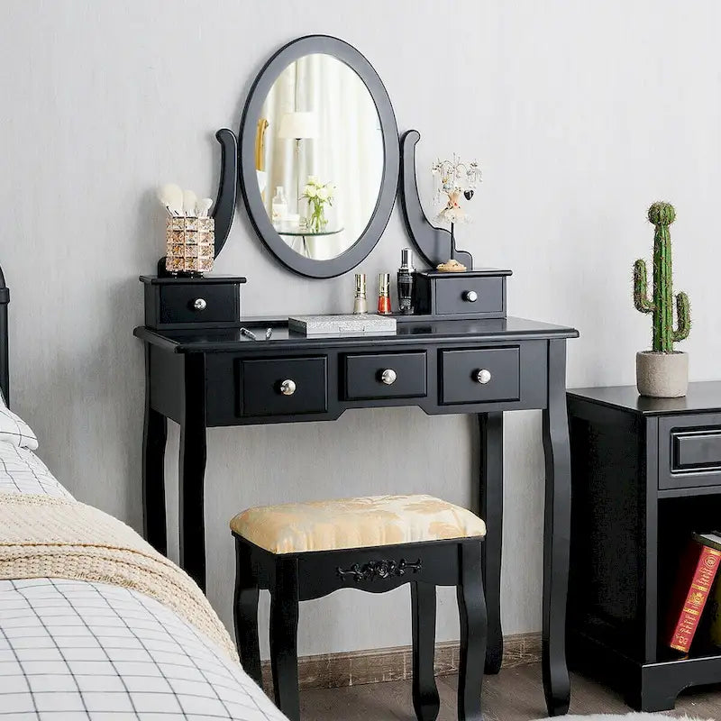 Coiffeuse avec miroir ovale et tabouret rembourré