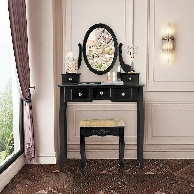 Coiffeuse avec miroir ovale et tabouret rembourré