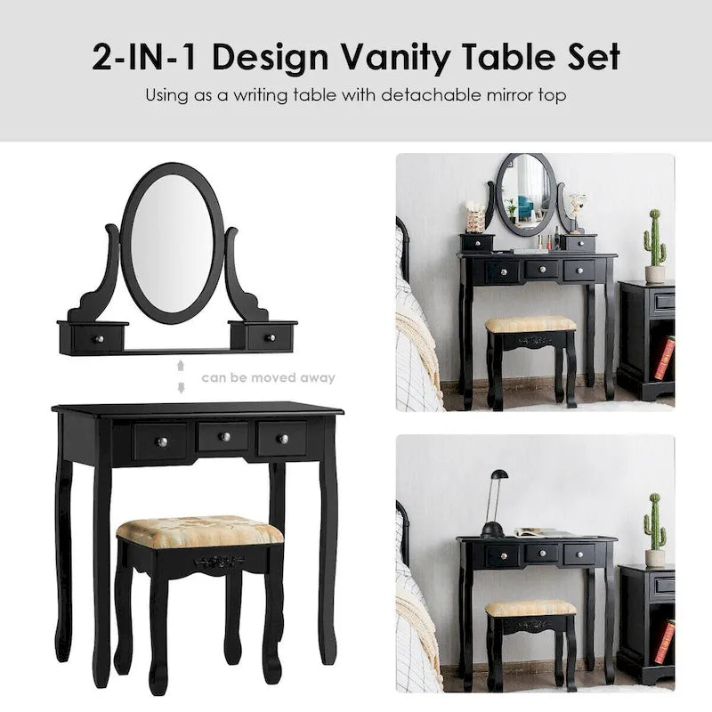 Coiffeuse avec miroir ovale et tabouret rembourré