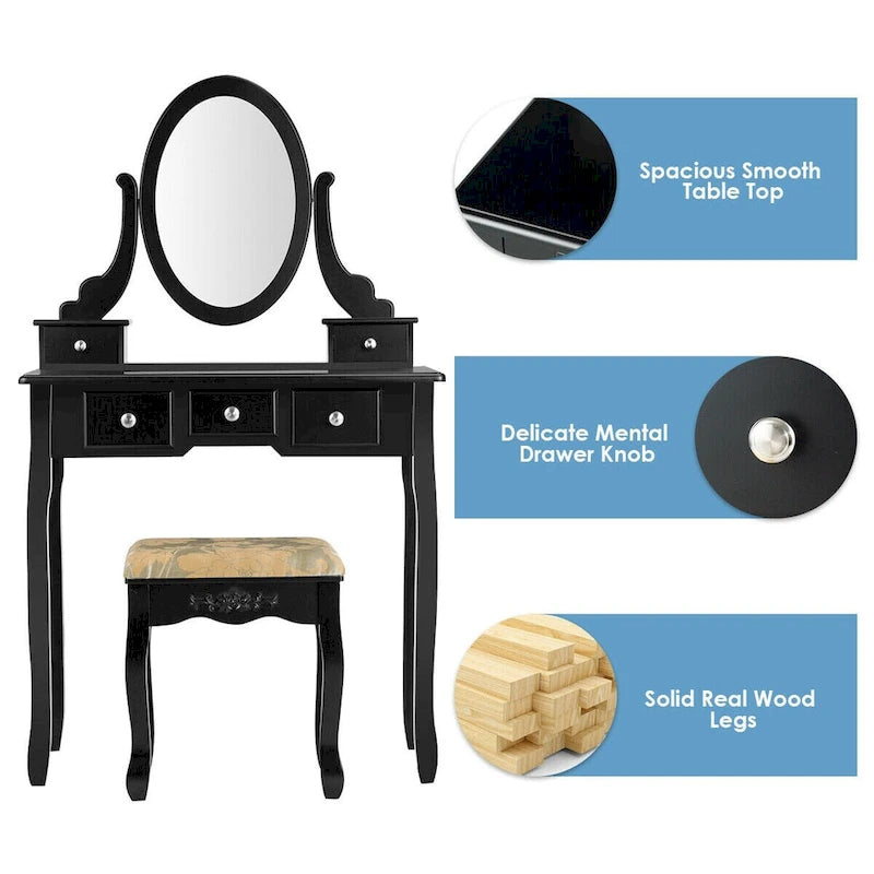 Coiffeuse avec miroir ovale et tabouret rembourré